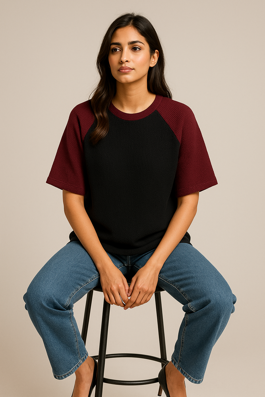 Oversized Waffle Knit Raglan T-Shirt for Women