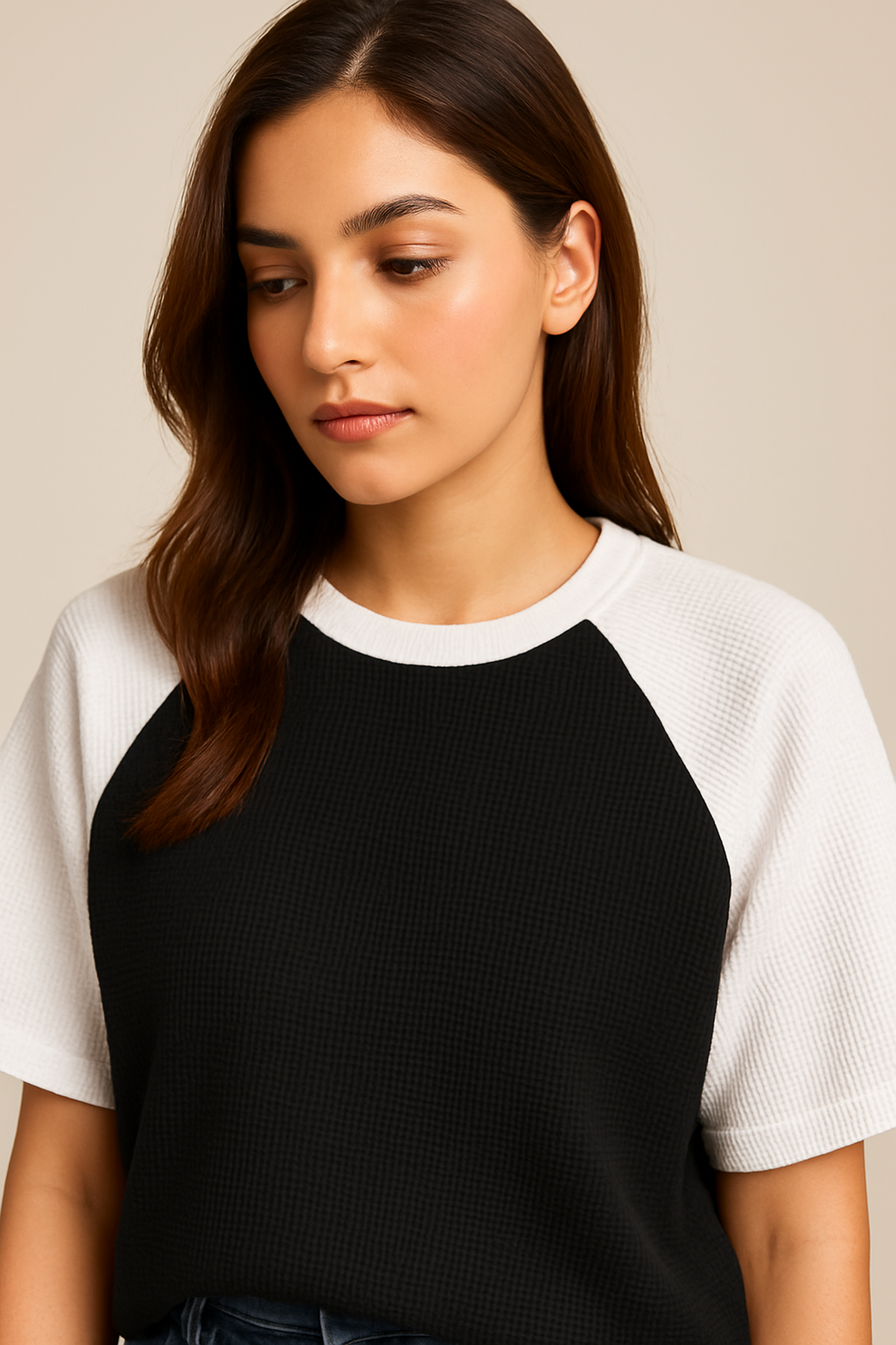 Oversized Waffle Knit Raglan T-Shirt for Women