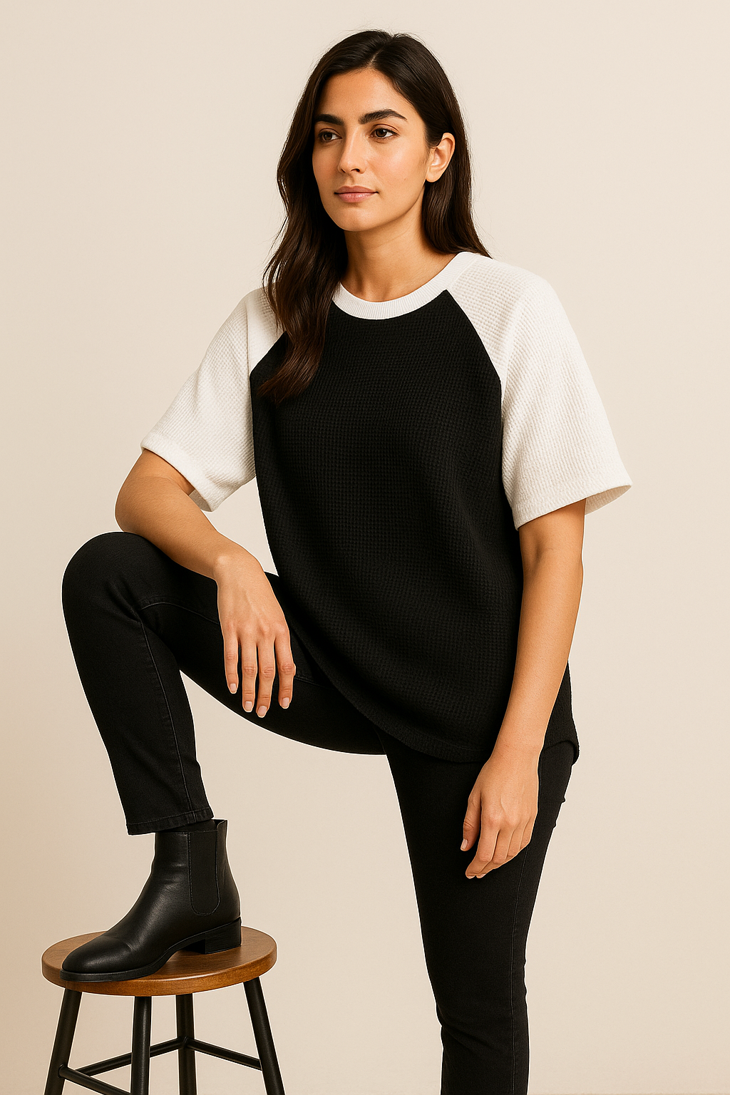 Oversized Waffle Knit Raglan T-Shirt for Women
