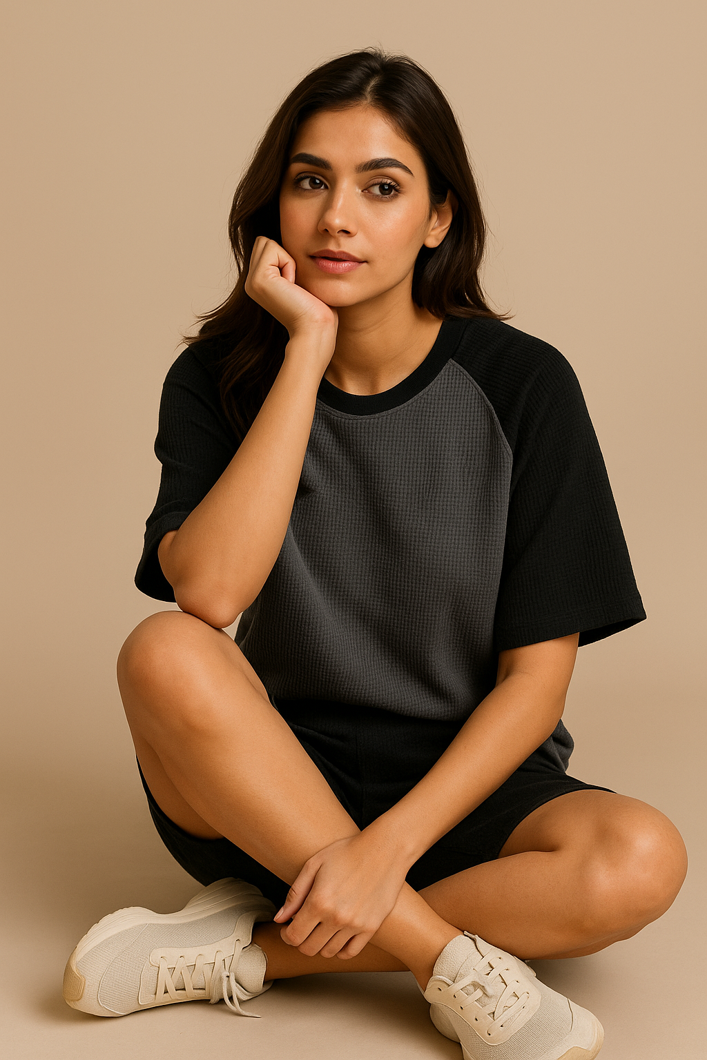 Oversized Waffle Knit Raglan T-Shirt for Women