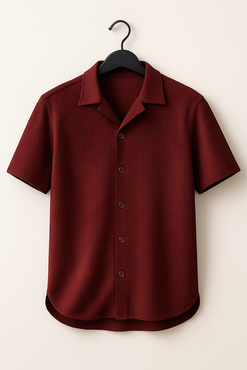 Maroon Cuban Collar Waffle Knit Shirt for Men