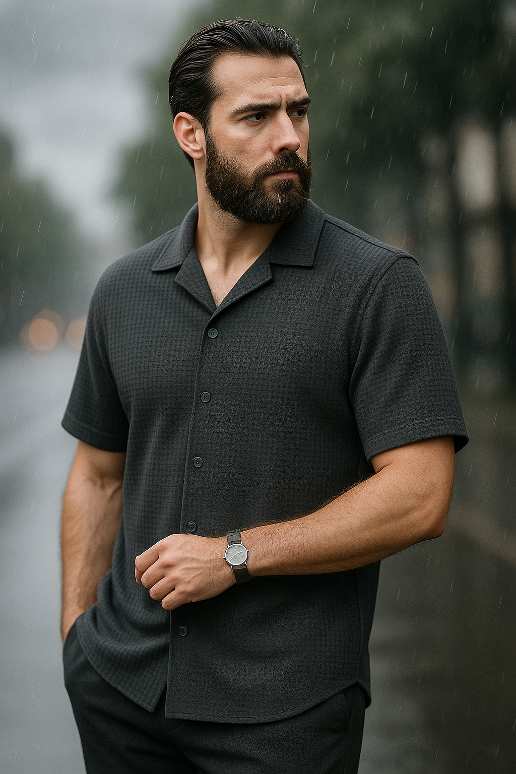 Charcoal Cuban Collar Waffle Knit Shirt for Men