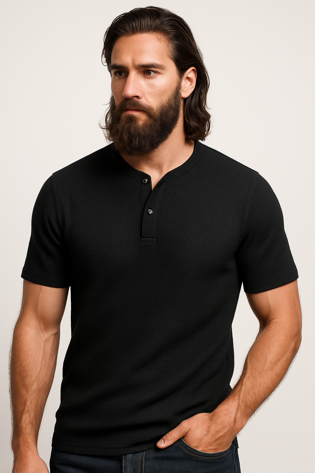 Black Waffle Knit Henley T-Shirt