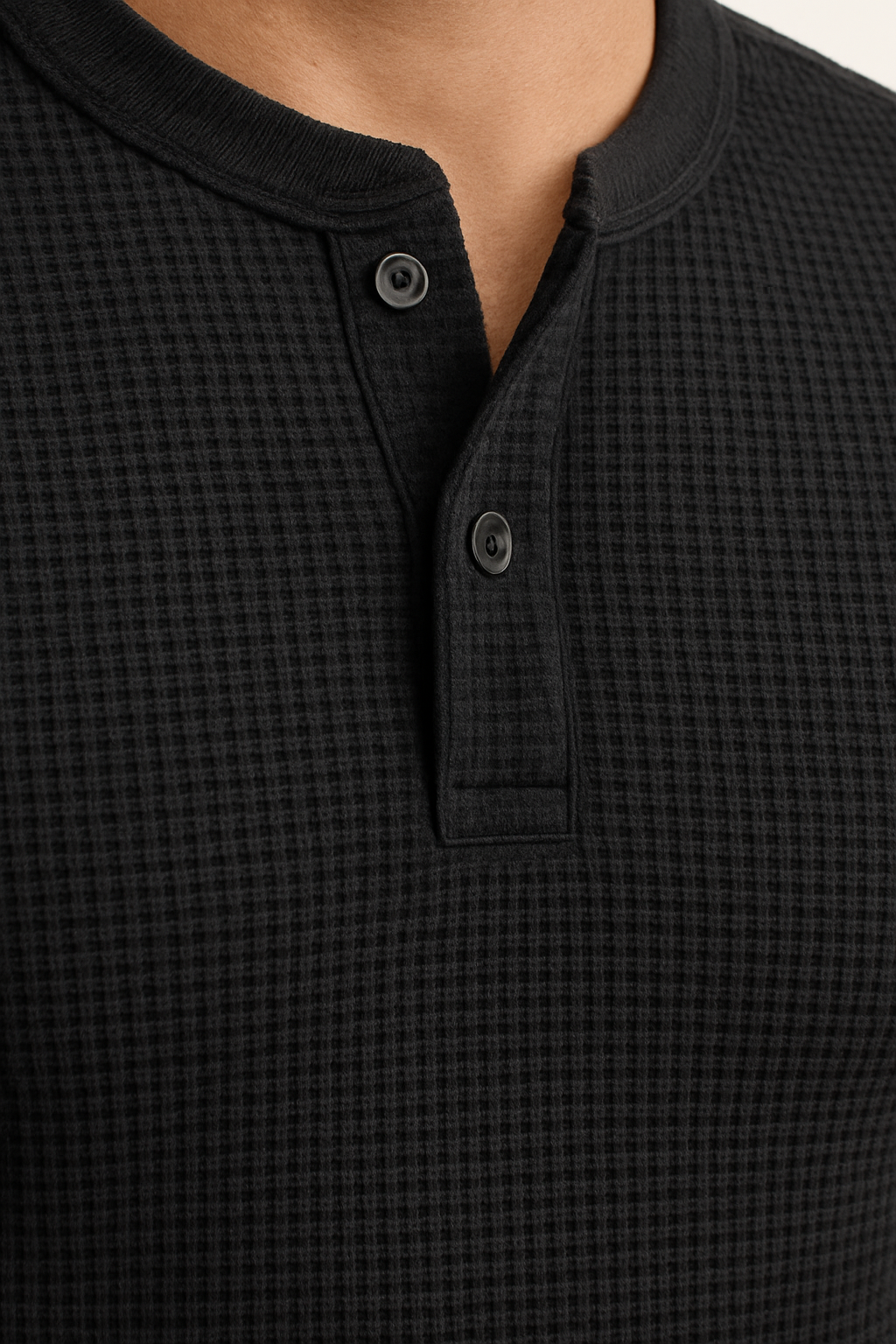 Black Waffle Knit Henley T-Shirt